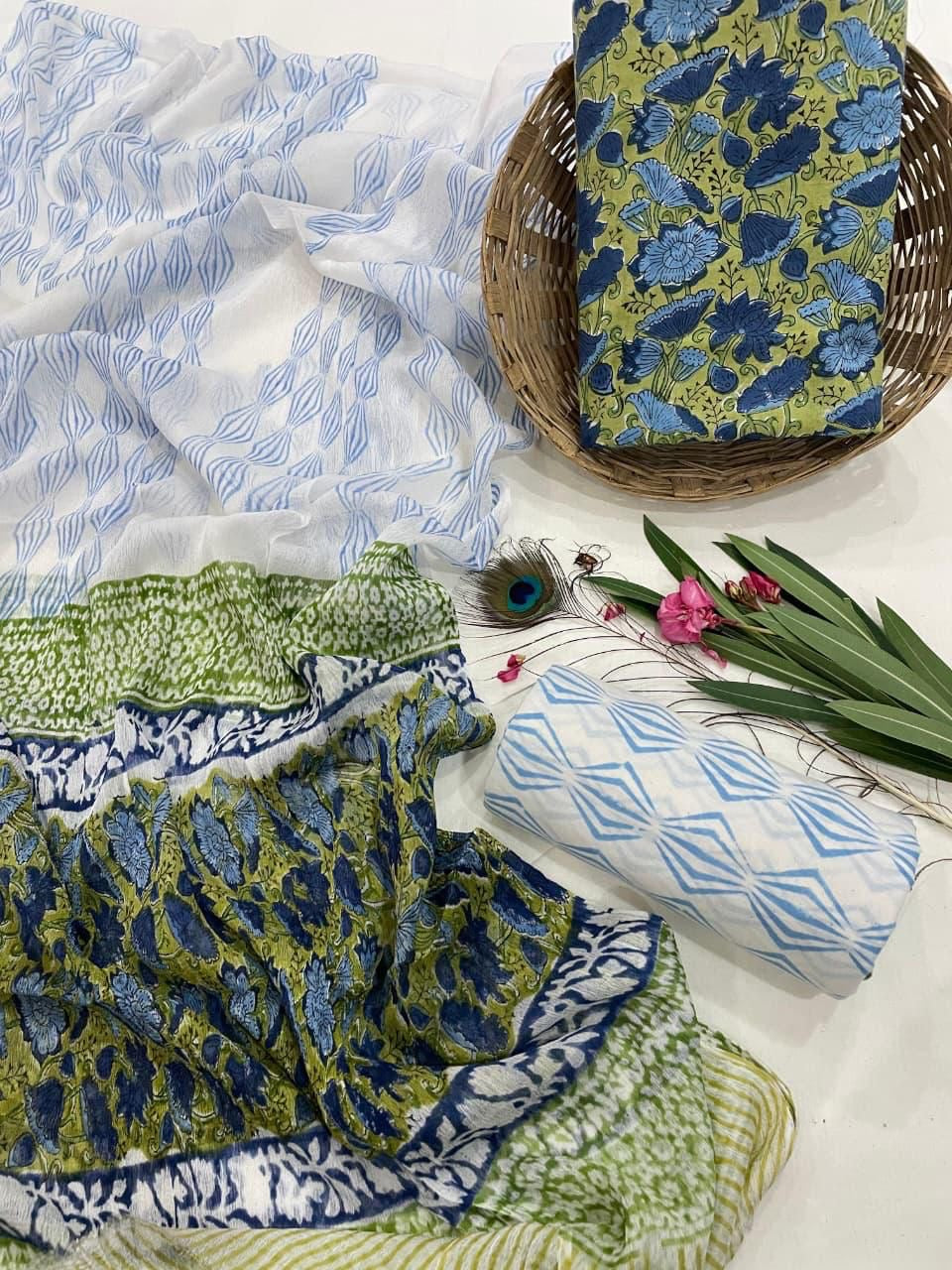 Cotton Suit Set with Pure Chiffon Dupatta and Cotton Bottom | 60×60 Cambric Cotton | House of the Handblock Jaipur