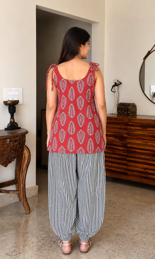 Natural Dyes Handblock Printed Cotton Tie-Up Shoulder Top with Farasi Salwar Set | Trendy Ethnic Co-Ord Set | Sizes XS to 8XL | House Of The Handblock