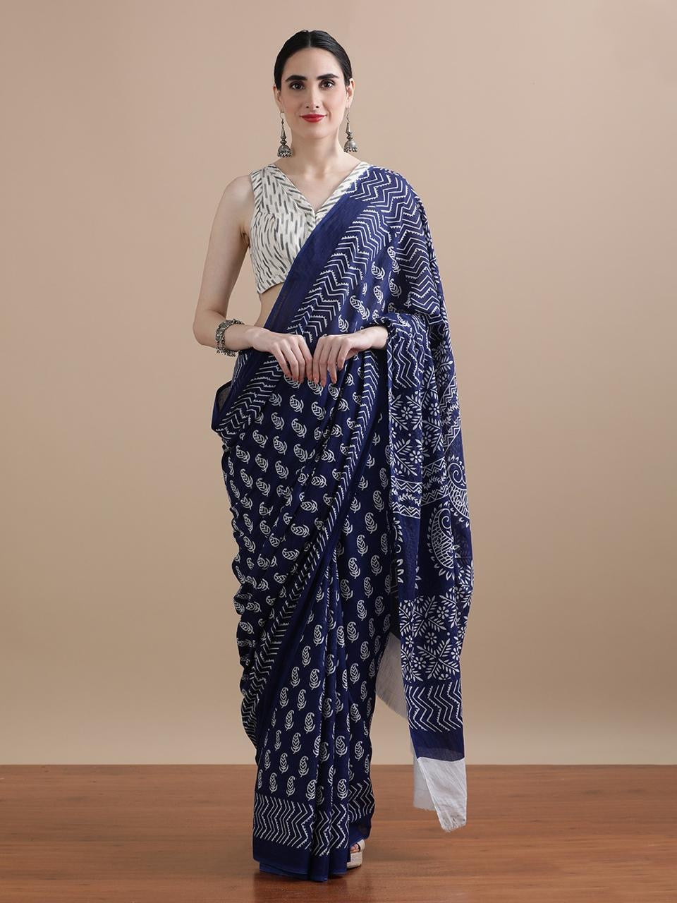 Pure Cotton Mul Mul Printed Saree with Blouse | Soft Handblock Style Saree |House of The Handblock Jaipur