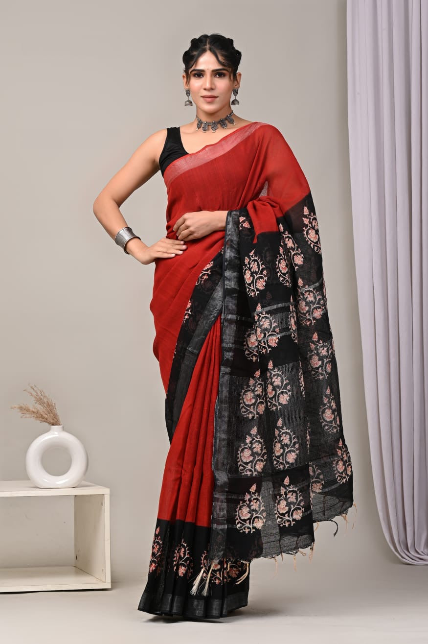 Pure Cotton Linen Hand Block Printed Saree with Blouse | Handcrafted Saree | House of the Handblock Jaipur