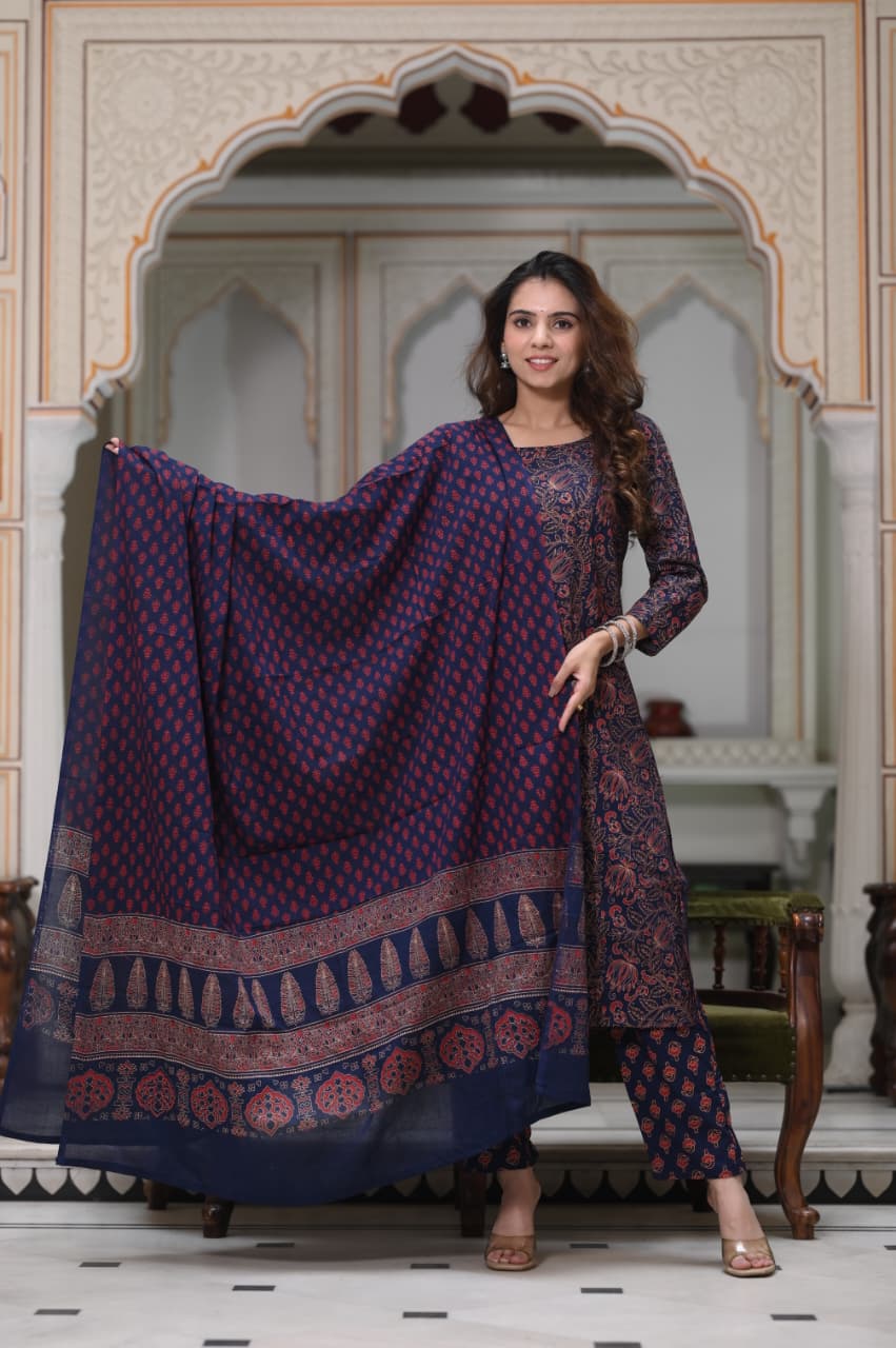 Exclusive Jaipuri Printed Cotton Kurti Set with Printed Plazo & Dupatta | Pure 60×60 Cotton- House Of The Handblock