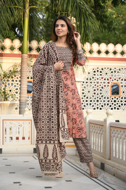 Exclusive Jaipuri Printed Cotton Kurti Set with Printed Plazo & Dupatta | Pure 60×60 Cotton- House Of The Handblock