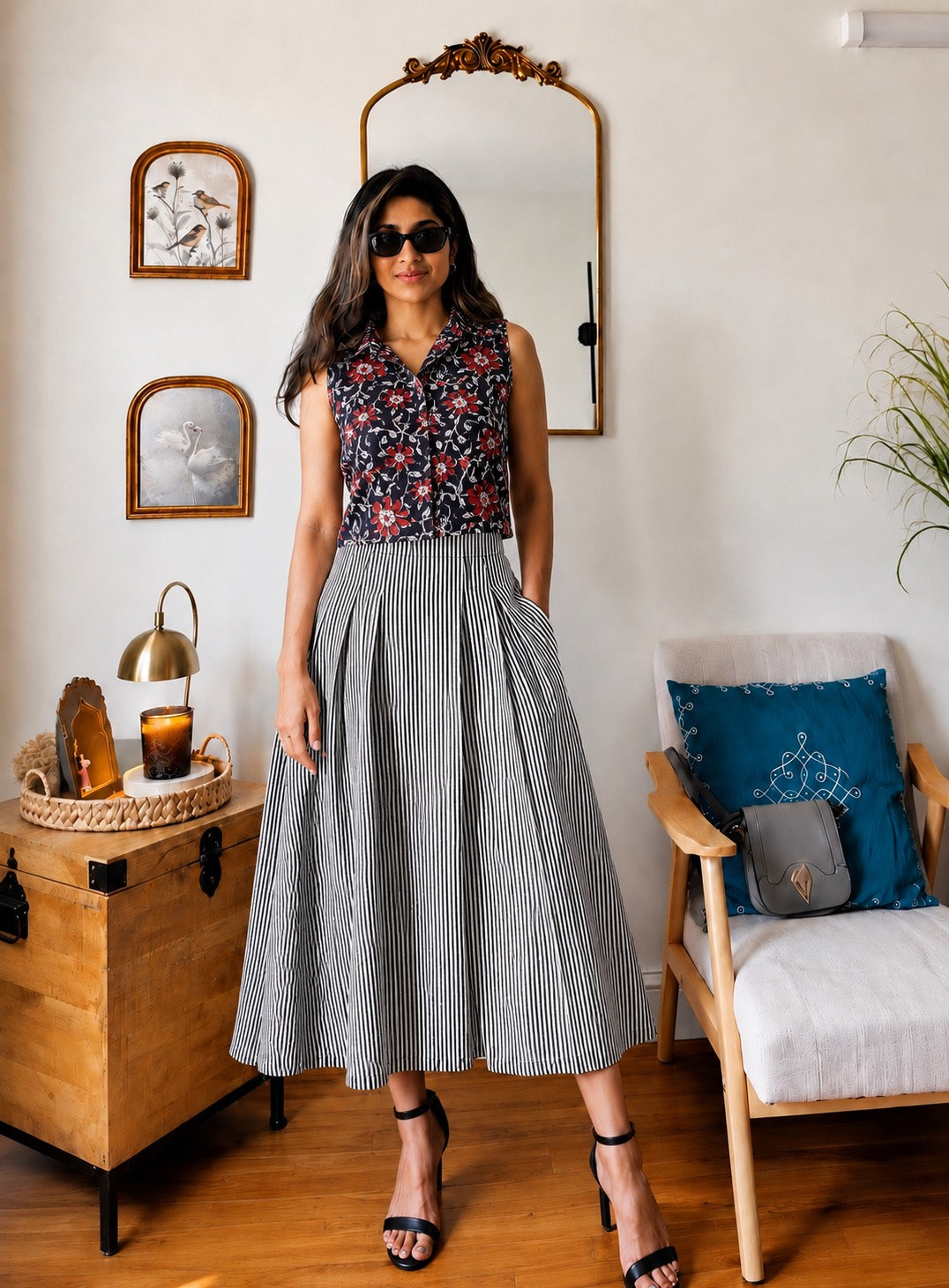 Natural Handblock Printed Cotton Co-Ord Set | Sleeveless Collar Top & Elastic Pocket Skirt | Pure Cotton | XS to 8XL | House Of The Handblock