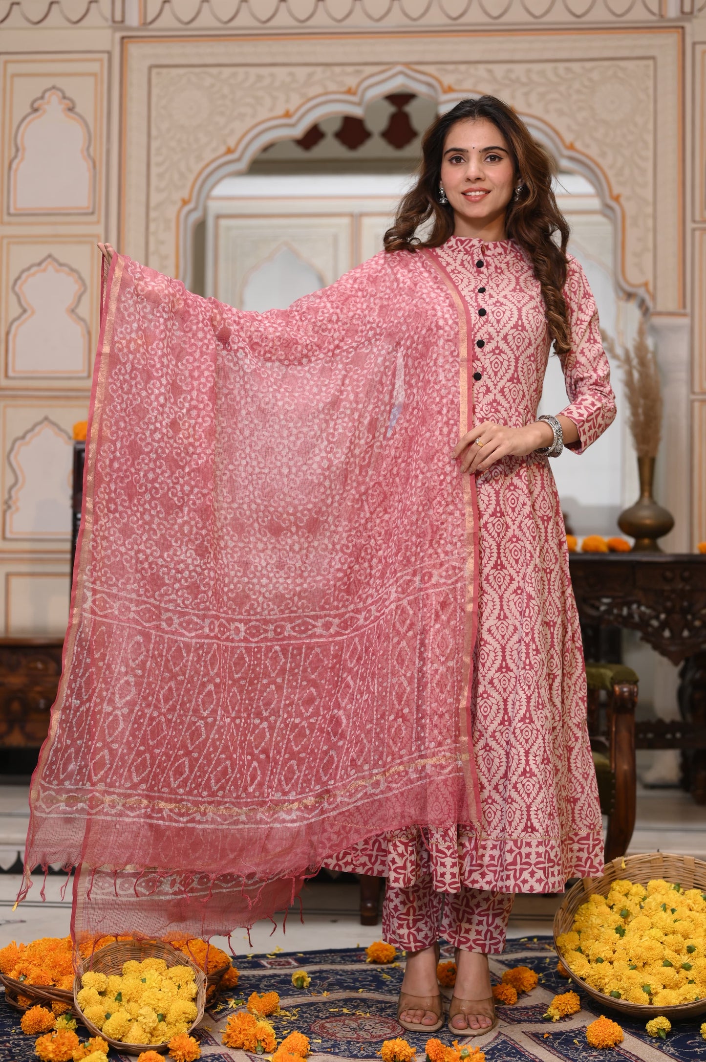 GI Tagged Handblock Printed Pure Cotton long Anarkali 3-Piece Set – Premium Quality 60x60 Fabric