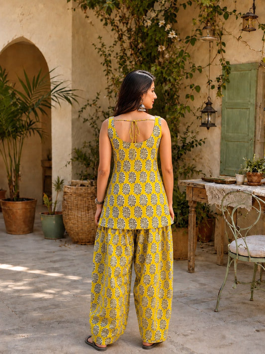 Natural Dyes Handblock Printed Cotton Sleeveless Farasi Salwar Set | Trending Ethnic Co-Ord Set | Sizes XS to 8XL | House Of The Handblock