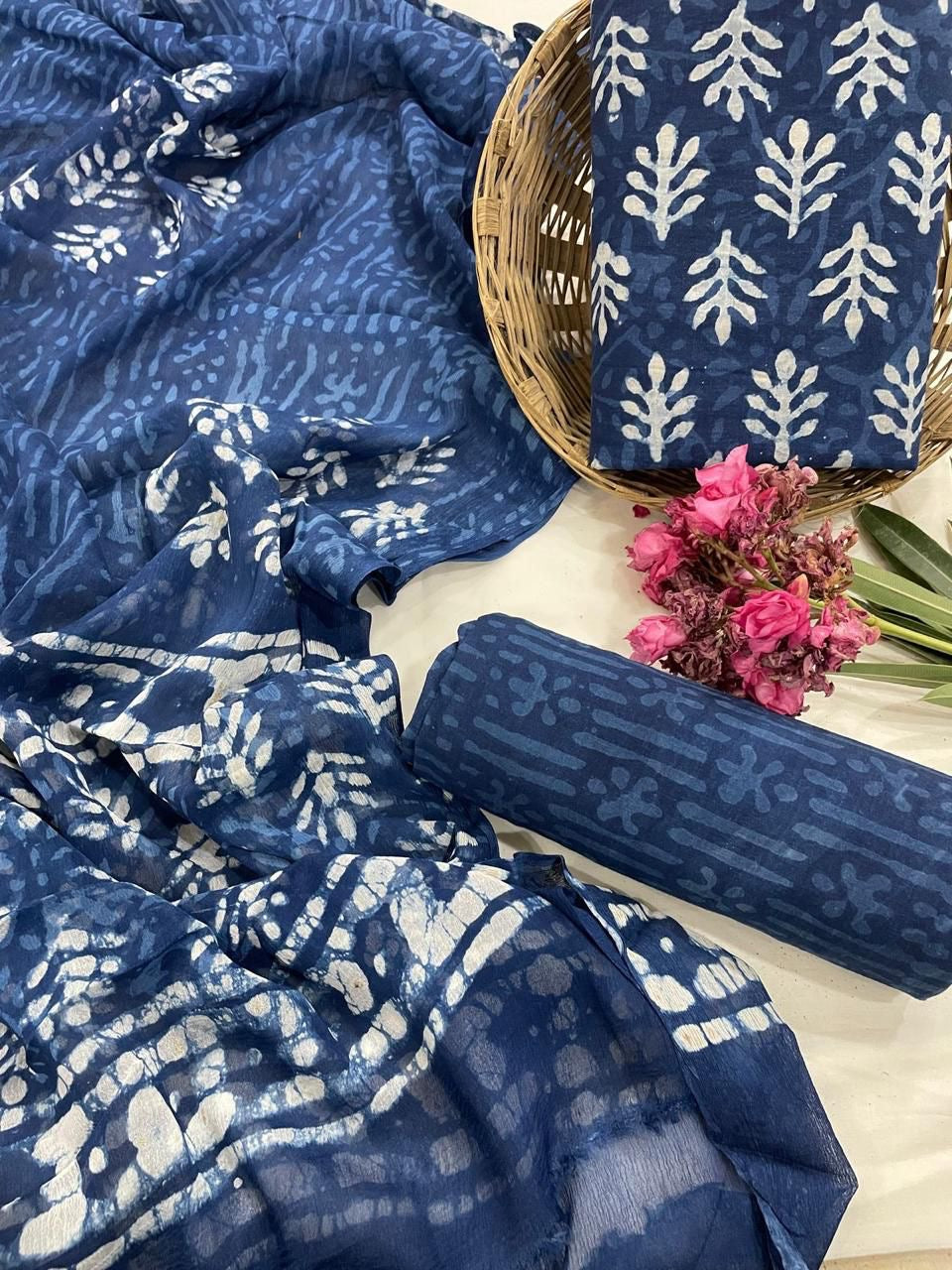 Cotton Suit Set with Pure Chiffon Dupatta and Cotton Bottom | 60×60 Cambric Cotton | House of the Handblock Jaipur