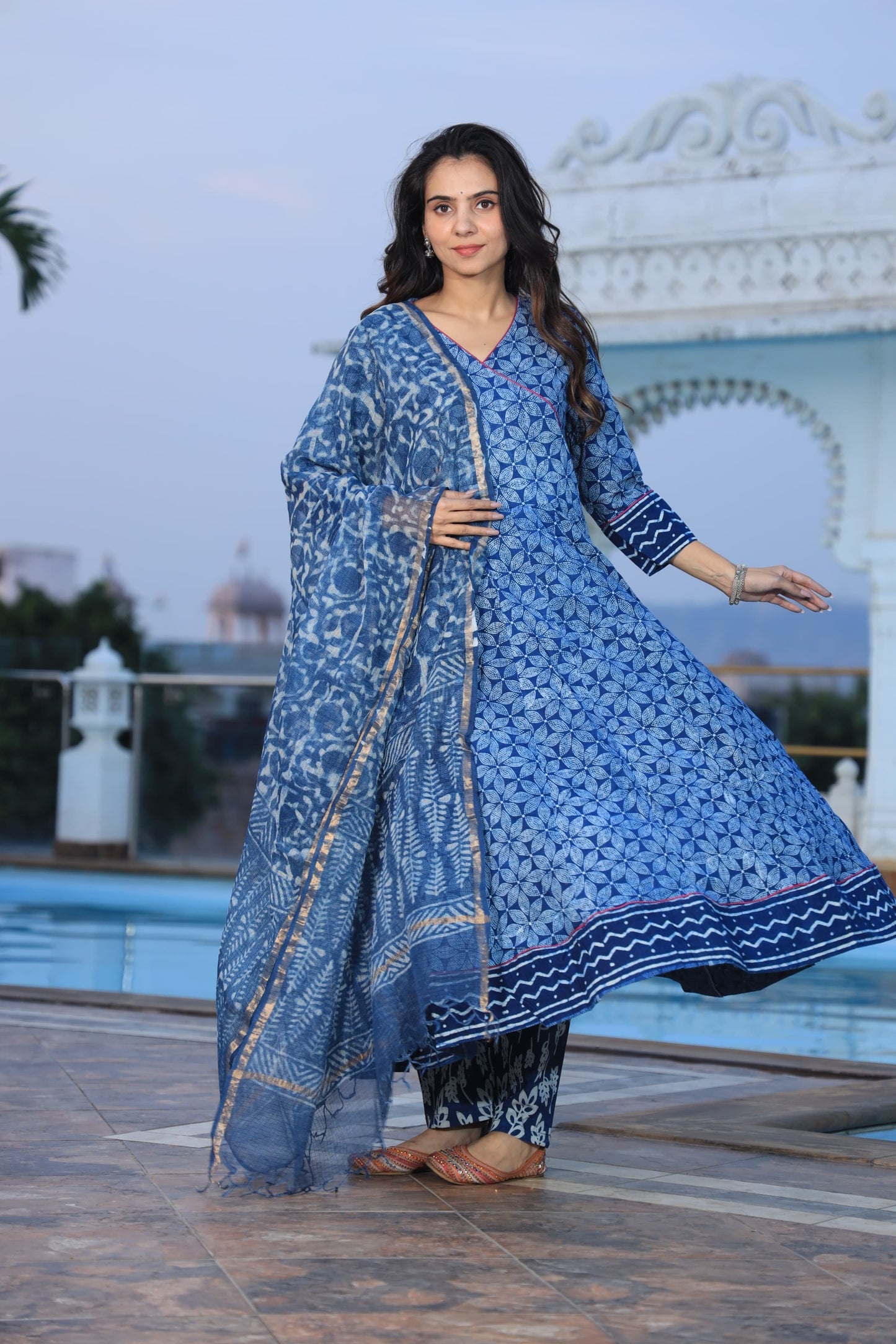 GI Tagged Handblock Printed Pure Cotton long Anarkali 3-Piece Set – Premium Quality 60x60 Fabric