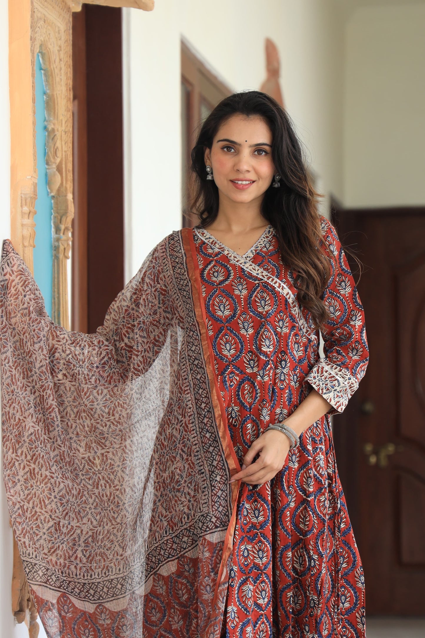(GI Tagged Handblock Printed Pure Cotton long Anarkali 3-Piece Set – Premium Quality 60x60 Fabric