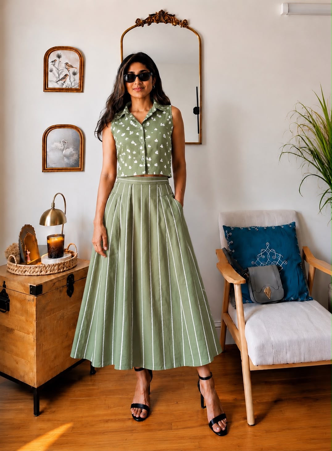 Trending Hand Block Printed Cotton Co-Ord Set | Crop Top with Skirt or Professional Pant | Pure Cotton | Natural Dyes | Customizable | Sizes XS–8XL | House Of The Handblock