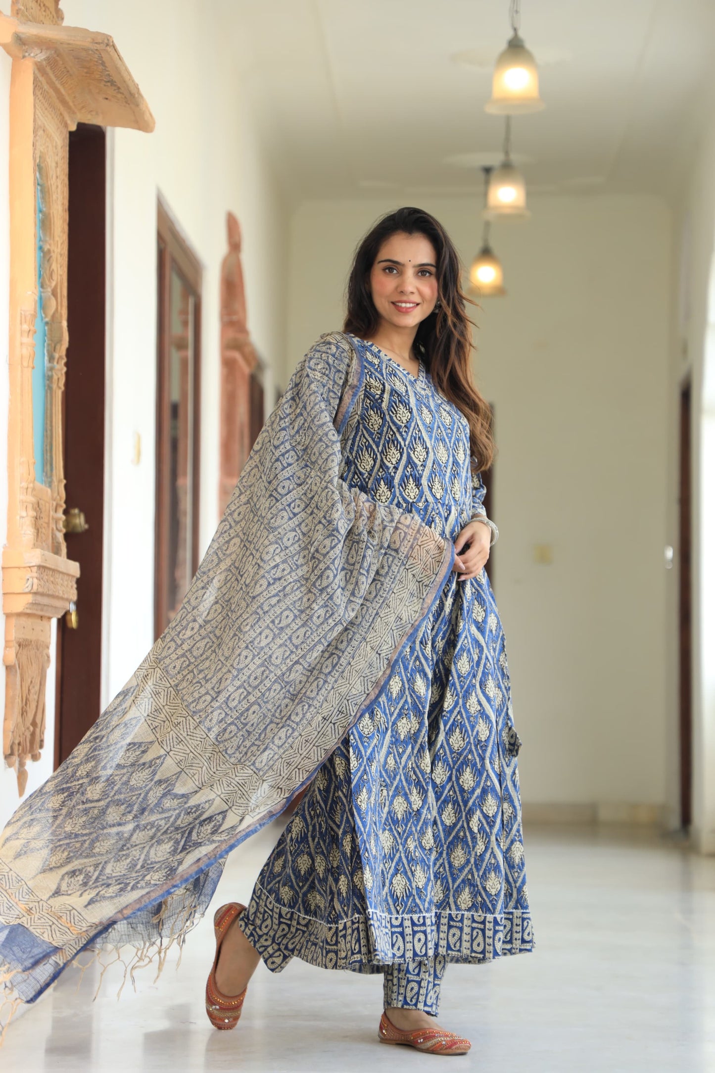 GI Tagged Handblock Printed Pure Cotton long Anarkali 3-Piece Set – Premium Quality 60x60 Fabric