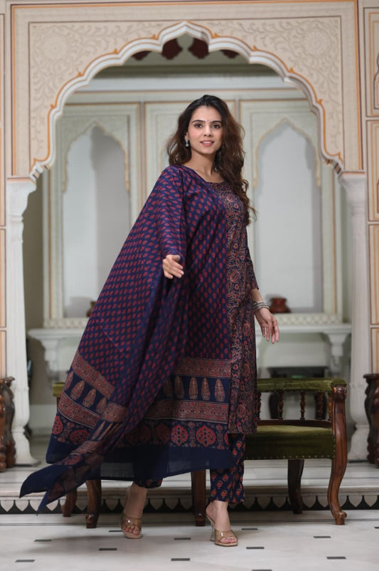 Exclusive Jaipuri Printed Cotton Kurti Set with Printed Plazo & Dupatta | Pure 60×60 Cotton- House Of The Handblock