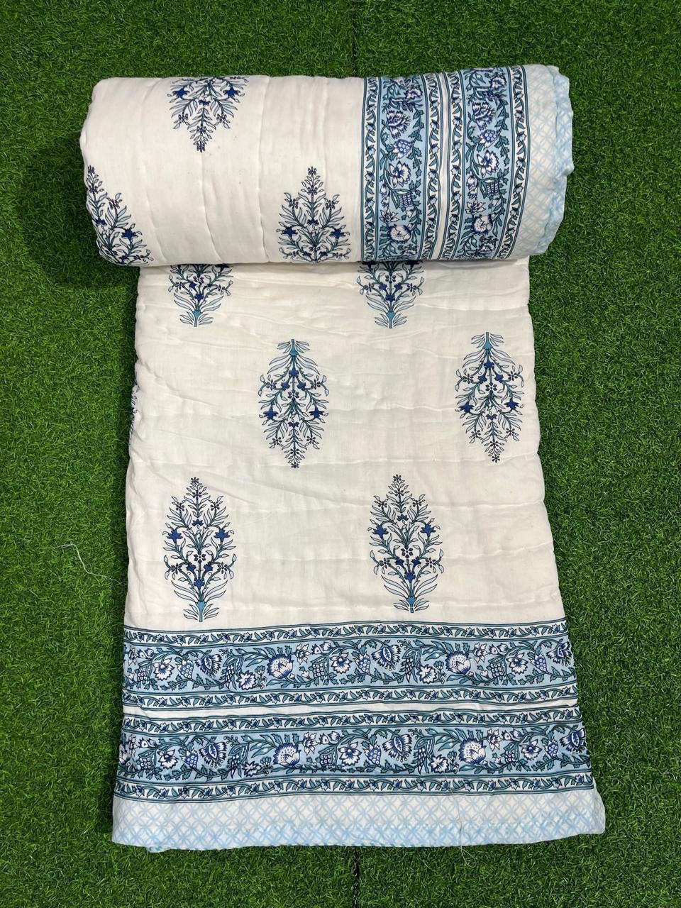 Premium Jaipuri Hand Block Printed Cotton Quilt (Rajai) | Reversible King Size Double Bed Quilt | 90x108 Inches | House Of The Handblock