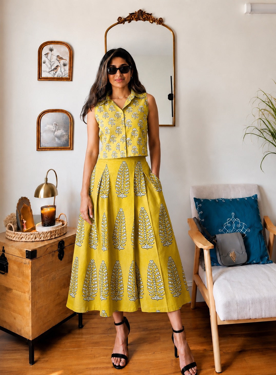 Natural Handblock Printed Cotton Co-Ord Set | Sleeveless Collar Top & Elastic Pocket Skirt | Pure Cotton | XS to 8XL | House Of The Handblock