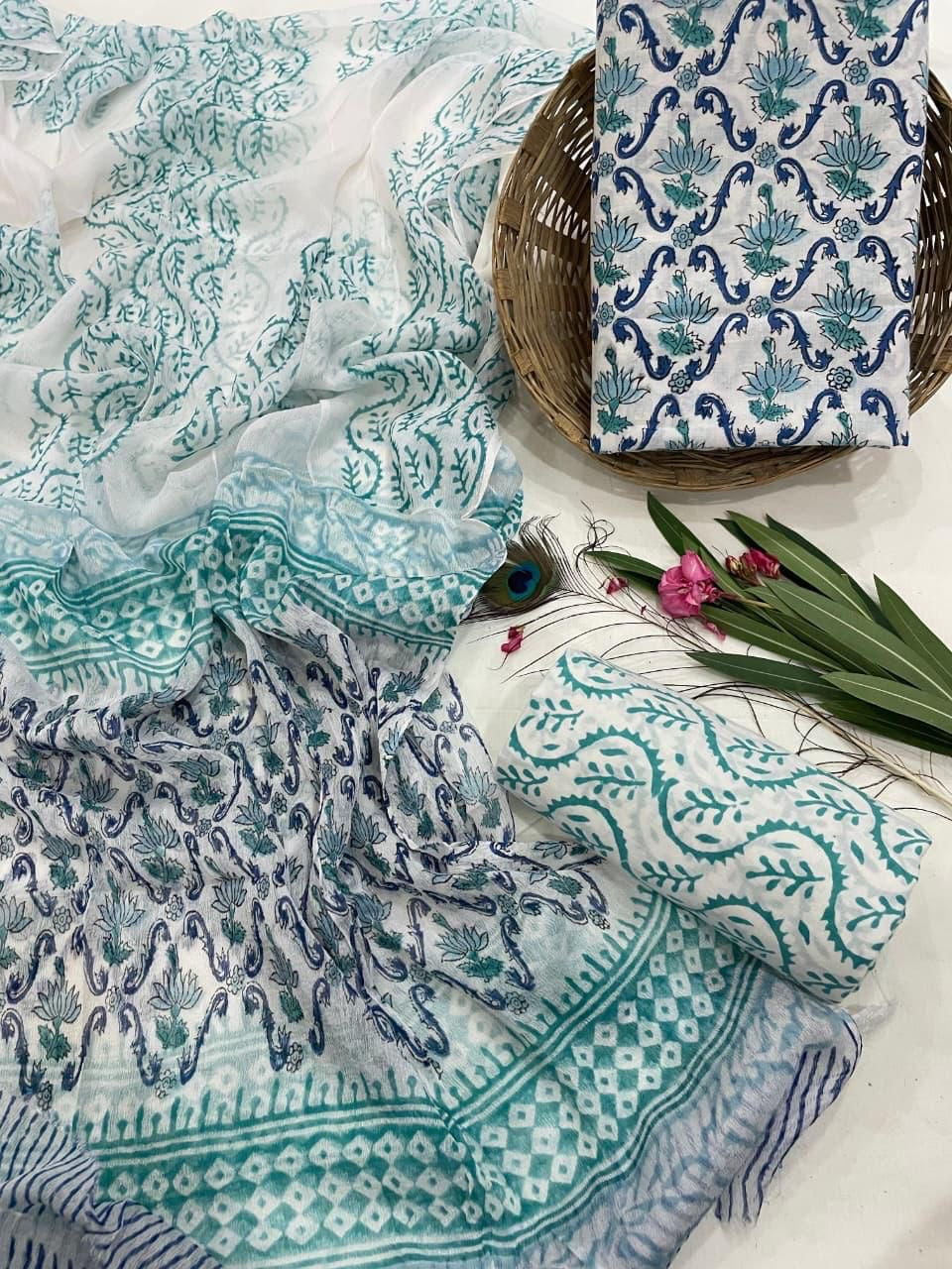 Cotton Suit Set with Pure Chiffon Dupatta and Cotton Bottom | 6060 Ca House Of The Handblock Cotton Suit Set with Pure Chiffon Dupatta and Cotton Bottom | 6060 Ca House Of The Handblock