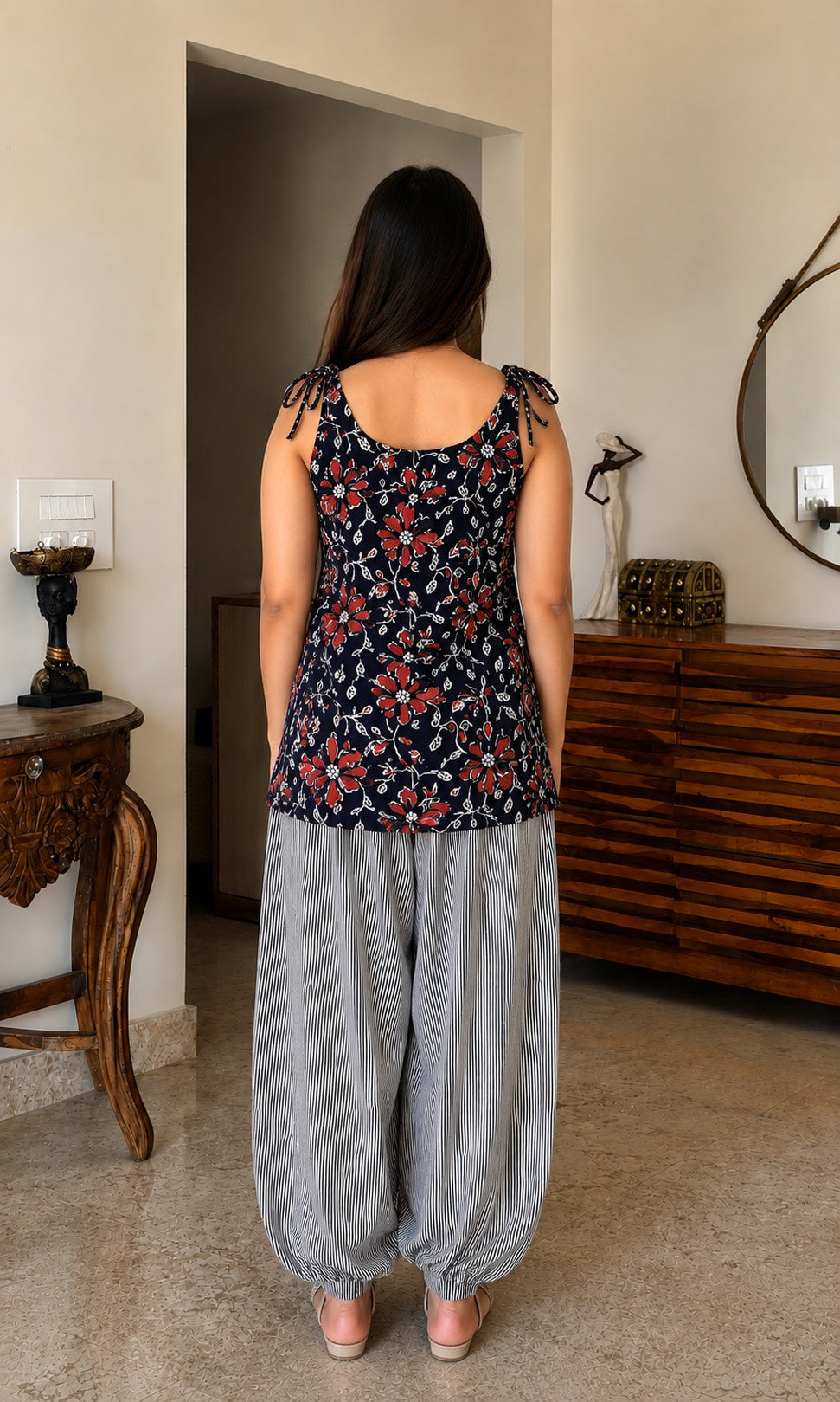 Natural Dyes Handblock Printed Cotton Tie-Up Shoulder Top with Farasi Salwar Set | Trendy Ethnic Co-Ord Set | Sizes XS to 8XL | House Of The Handblock