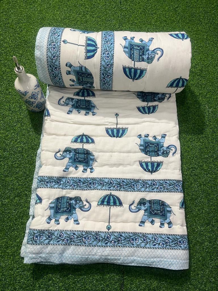 Premium Jaipuri Hand Block Printed Cotton Quilt (Rajai) | Reversible King Size Double Bed Quilt | 90x108 Inches | House Of The Handblock