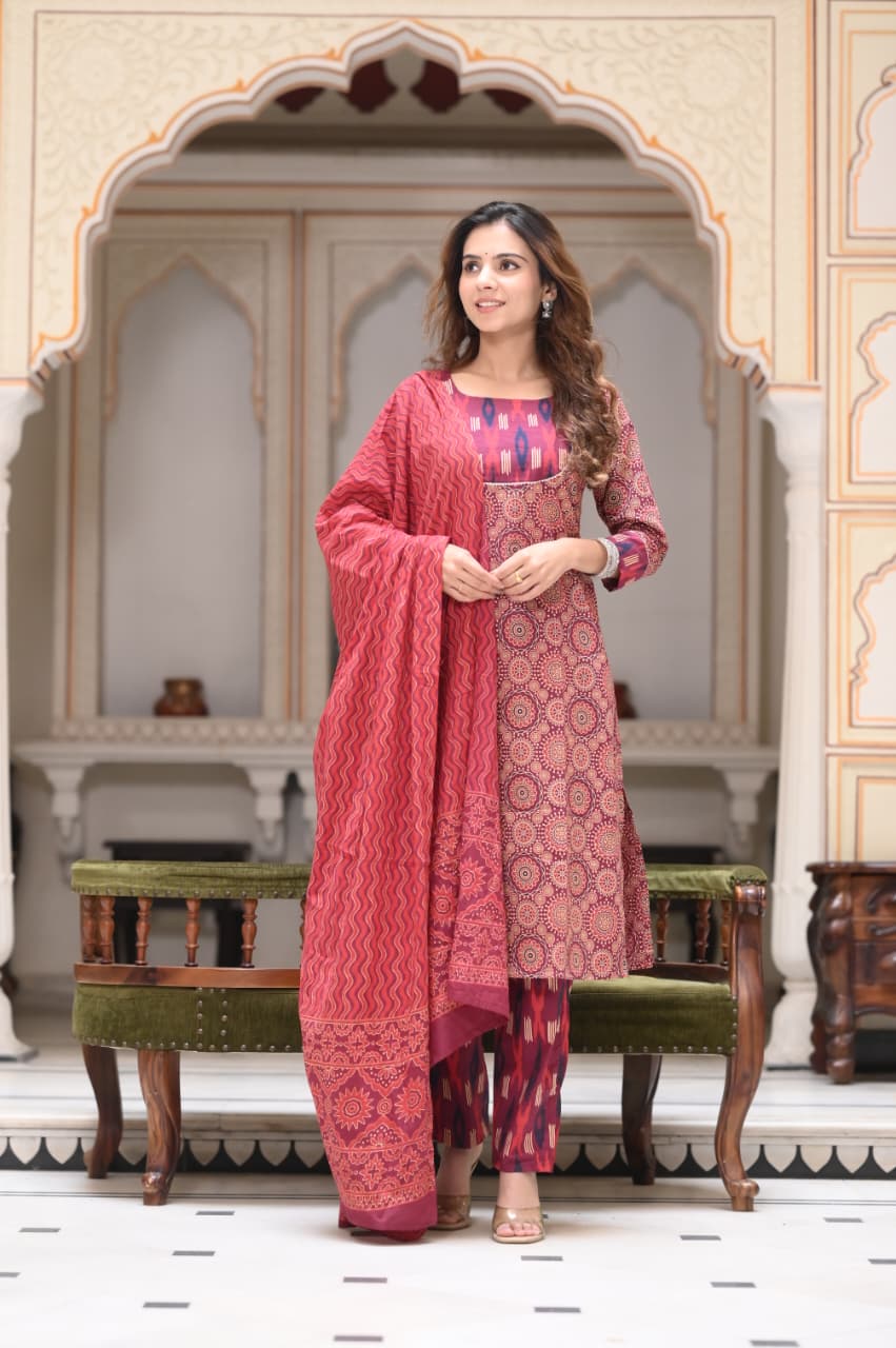 Exclusive Jaipuri Printed Cotton Kurti Set with Printed Plazo & Dupatta | Pure 60×60 Cotton- House Of The Handblock