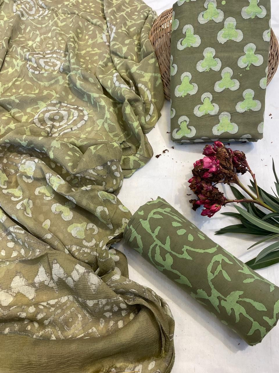 Cotton Suit Set with Pure Chiffon Dupatta and Cotton Bottom | 60×60 Cambric Cotton | House of the Handblock Jaipur