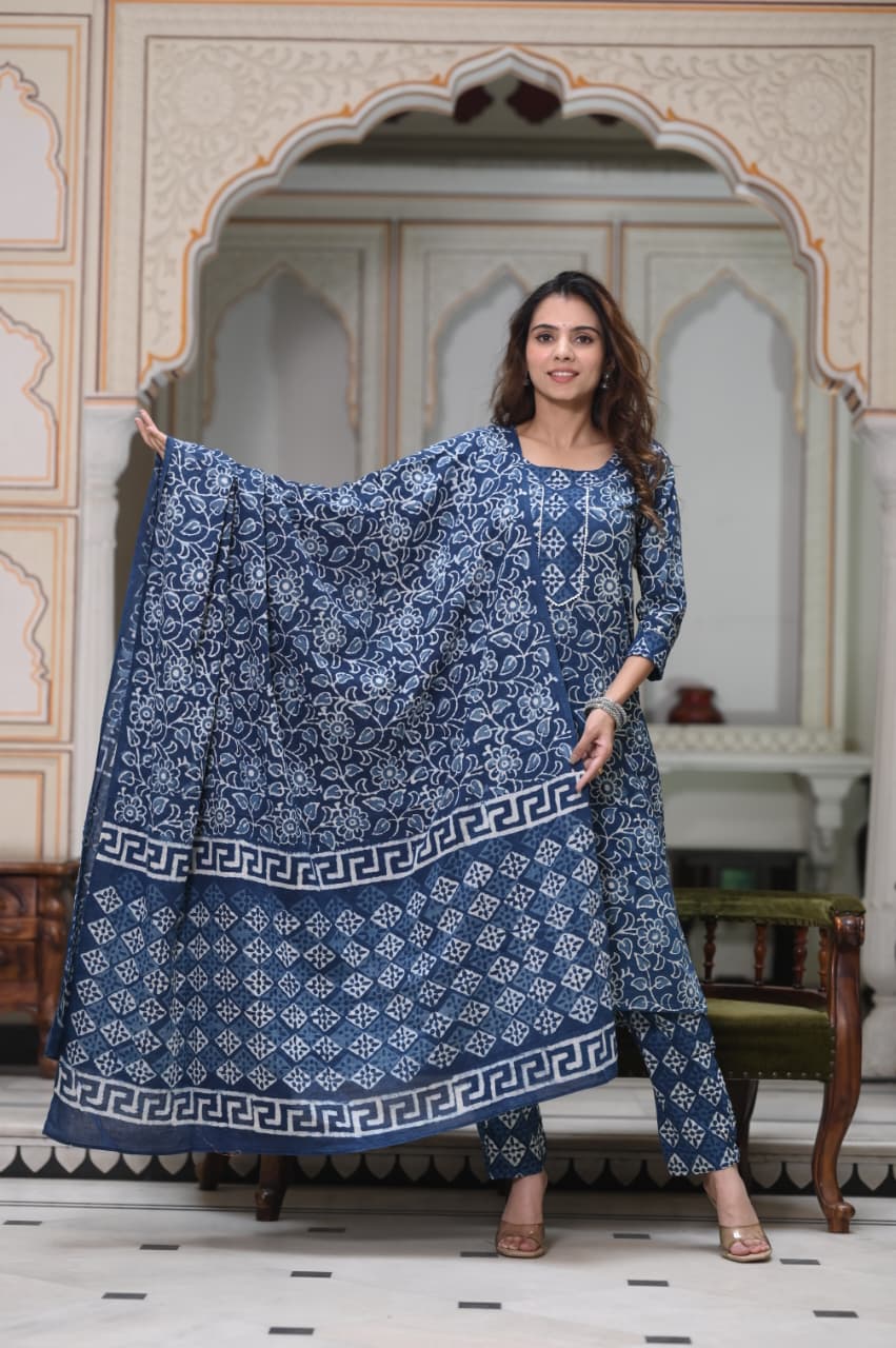 Exclusive Jaipuri Printed Cotton Kurti Set with Printed Plazo & Dupatta | Pure 60×60 Cotton- House Of The Handblock