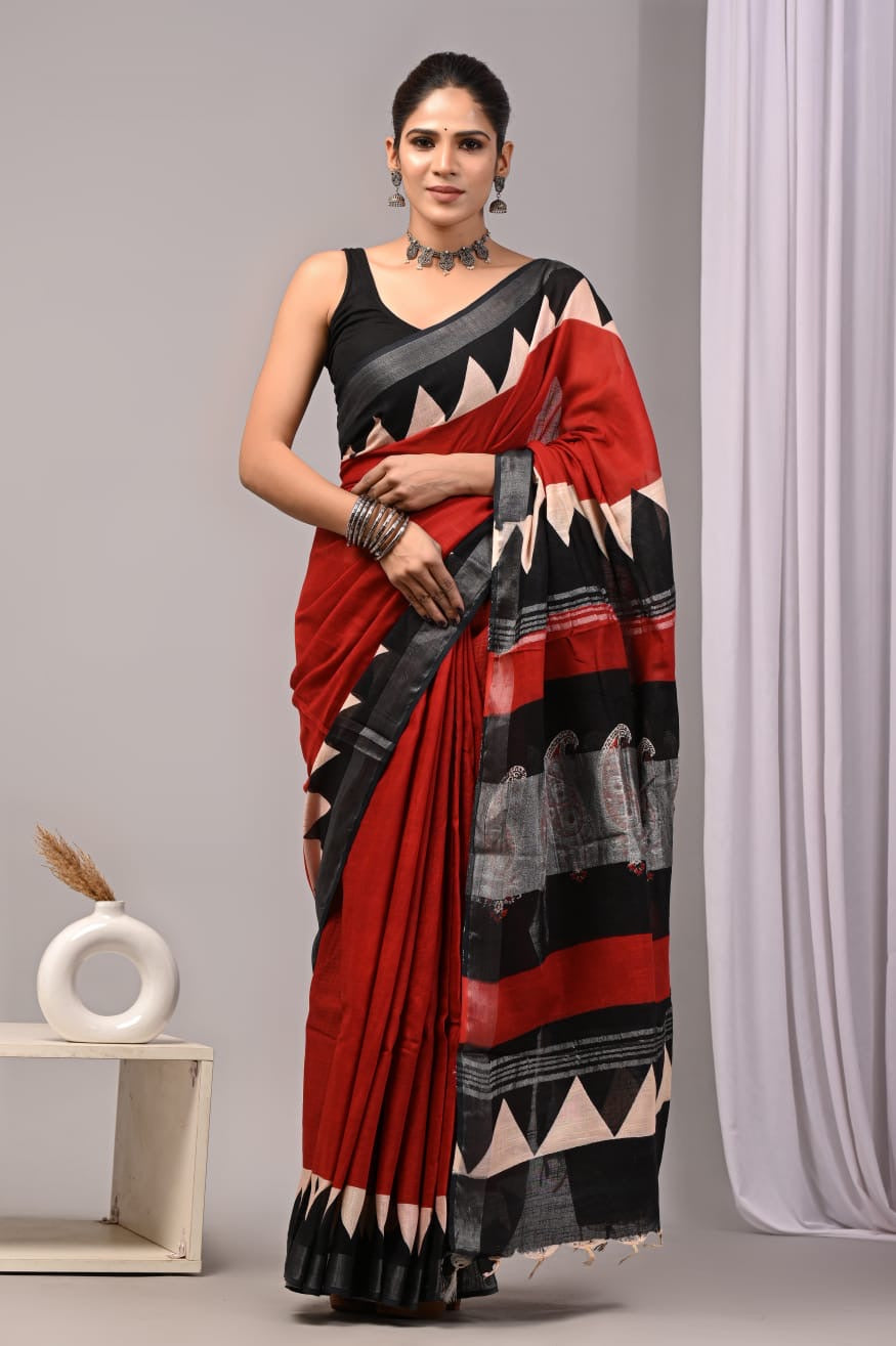 Pure Cotton Linen Hand Block Printed Saree with Blouse | Handcrafted Saree | House of the Handblock Jaipur