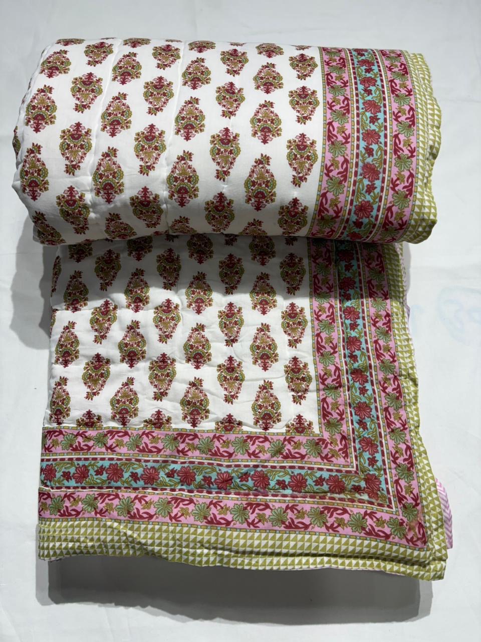 Premium Jaipuri Hand Block Printed Cotton Quilt (Rajai) | Reversible King Size Double Bed Quilt | 90x108 Inches | House Of The Handblock