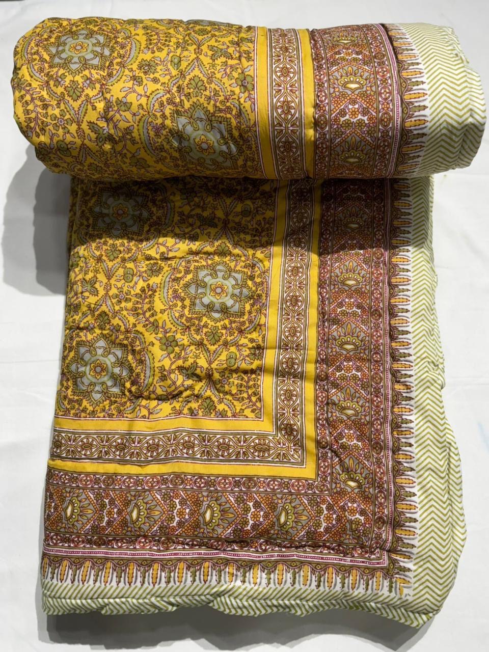 Premium Jaipuri Hand Block Printed Cotton Quilt (Rajai) | Reversible King Size Double Bed Quilt | 90x108 Inches | House Of The Handblock