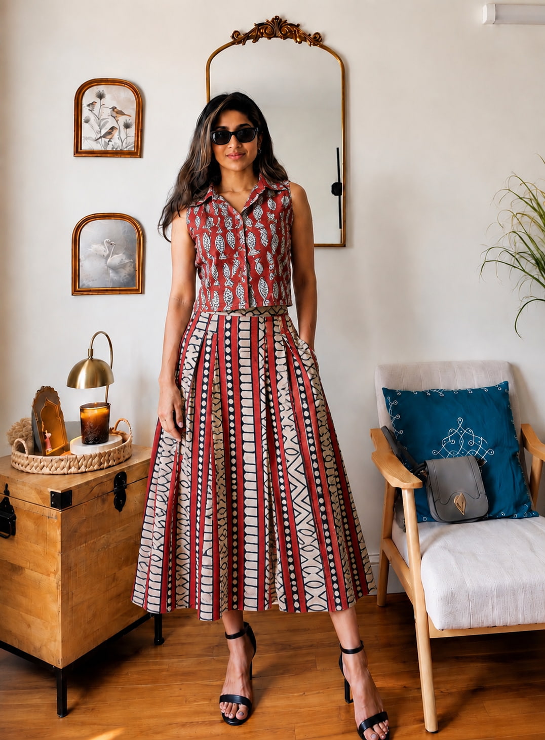 Natural Handblock Printed Cotton Co-Ord Set | Sleeveless Collar Top & Elastic Pocket Skirt | Pure Cotton | XS to 8XL | House Of The Handblock