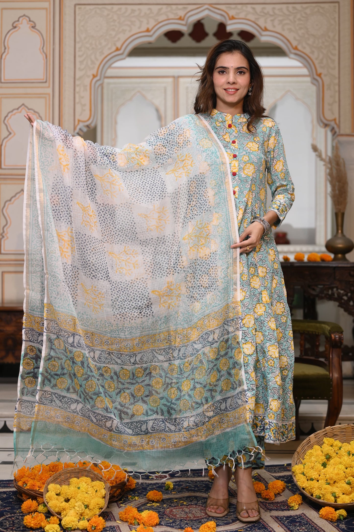GI Tagged Handblock Printed Pure Cotton long Anarkali 3-Piece Set – Premium Quality 60x60 Fabric