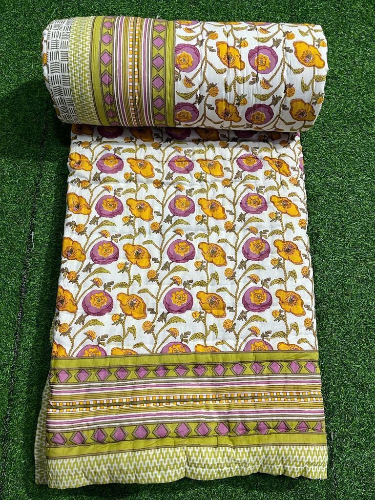 Premium Jaipuri Hand Block Printed Cotton Quilt (Rajai) | Reversible King Size Double Bed Quilt | 90x108 Inches | House Of The Handblock