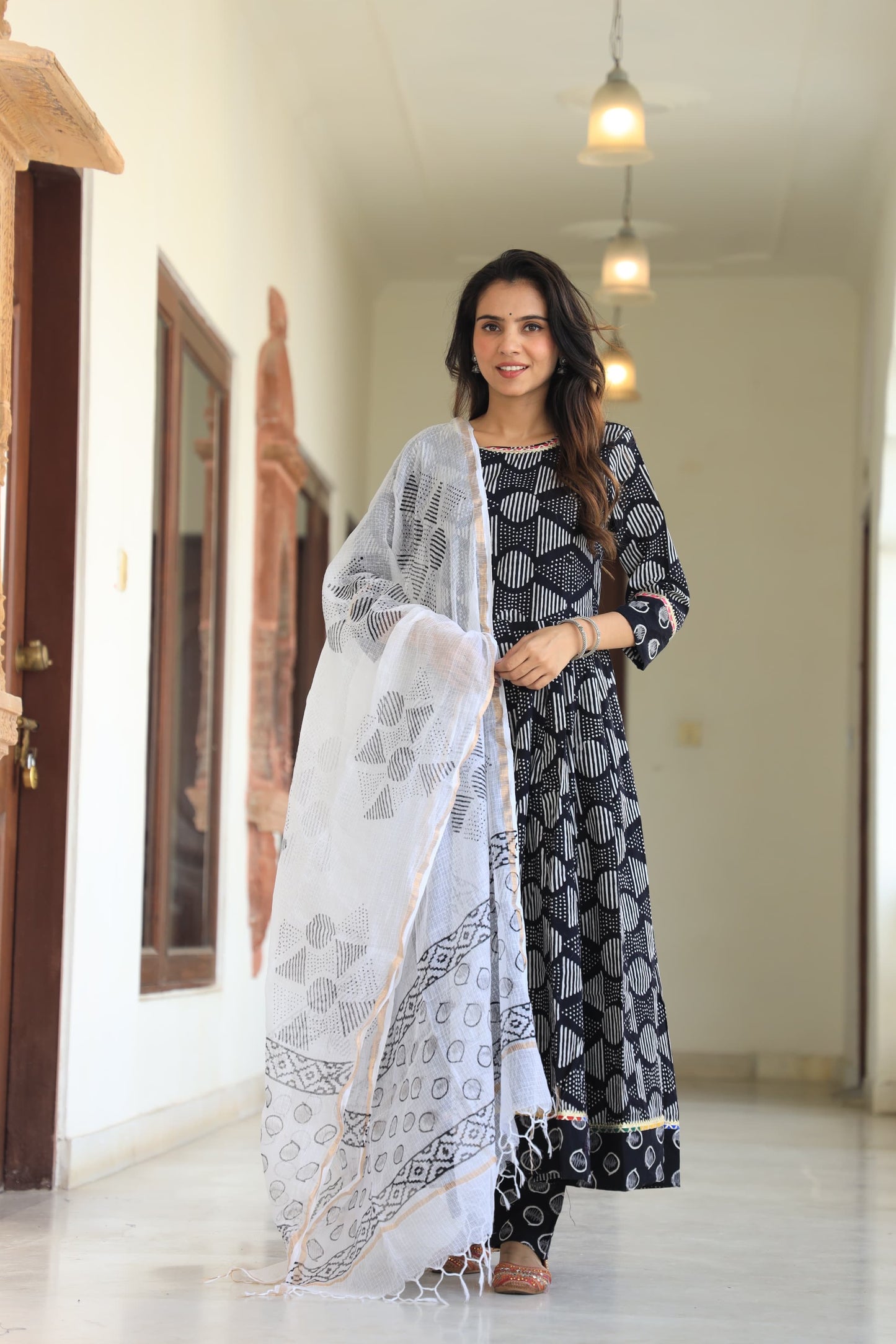 GI Tagged Handblock Printed Pure Cotton long Anarkali 3-Piece Set – Premium Quality 60x60 Fabric