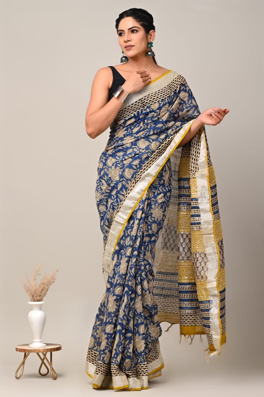 Pure Cotton Linen Hand Block Printed Saree with Blouse | Handcrafted Saree | House of the Handblock Jaipur