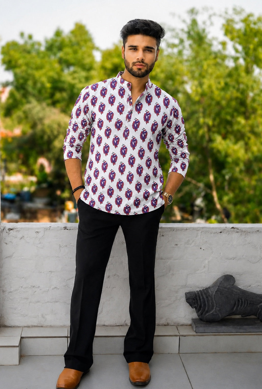 Handblock Printed Cotton Men’s Short Kurta – Premium Fit | Mandrain Collar | XS–8XL