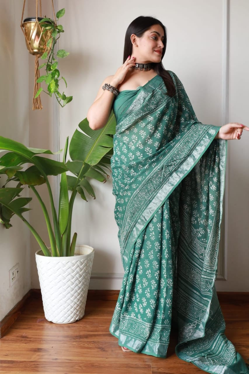 Pure Cotton Linen Hand Block Printed Saree with Blouse | Handcrafted Saree | House of the Handblock Jaipur