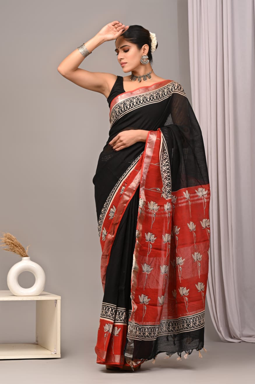 Pure Cotton Linen Hand Block Printed Saree with Blouse | Handcrafted Saree | House of the Handblock Jaipur