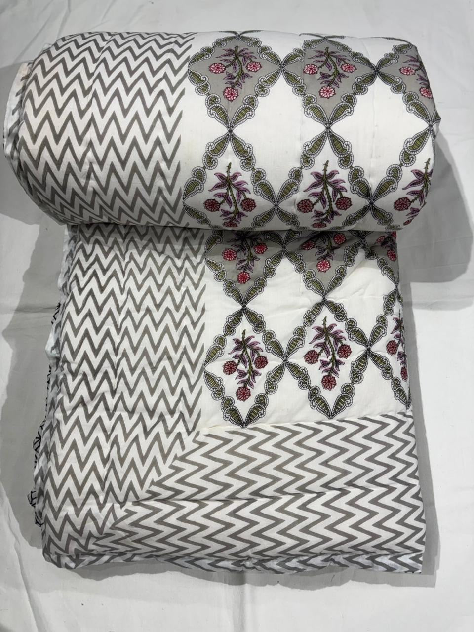 Premium Jaipuri Hand Block Printed Cotton Quilt (Rajai) | Reversible King Size Double Bed Quilt | 90x108 Inches | House Of The Handblock