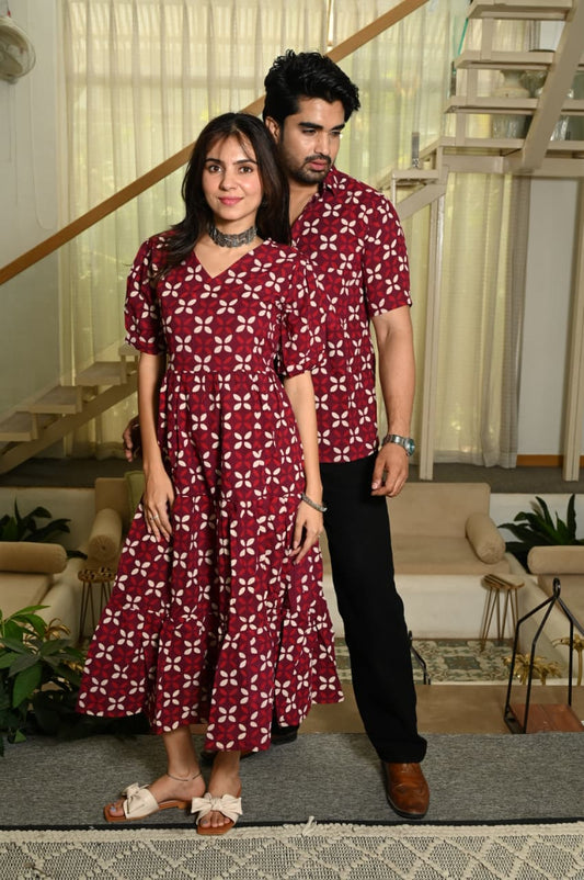 Couple Dress Set – Hand Block Printed Men’s Cotton Shirt & Women’s Midi Dress | House of the Handblock