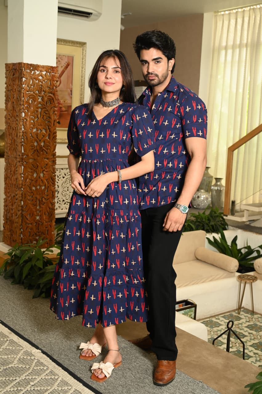 Couple Dress Set – Hand Block Printed Men’s Cotton Shirt & Women’s Midi Dress | House of the Handblock