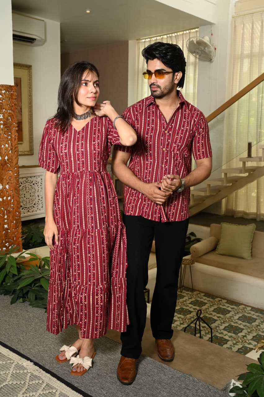 Couple Dress Set – Hand Block Printed Men’s Cotton Shirt & Women’s Midi Dress | House of the HandblocK