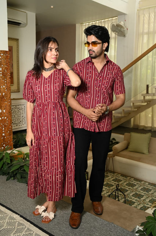 Couple Dress Set – Hand Block Printed Men’s Cotton Shirt & Women’s Midi Dress | House of the HandblocK