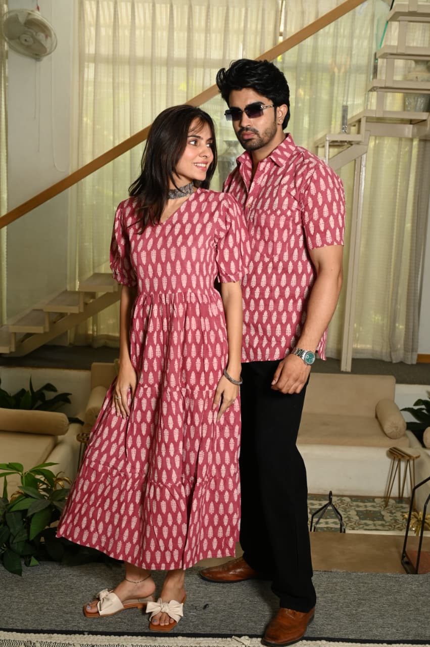 Couple Dress Set – Hand Block Printed Men’s Cotton Shirt & Women’s Midi Dress | House of the HandblocK