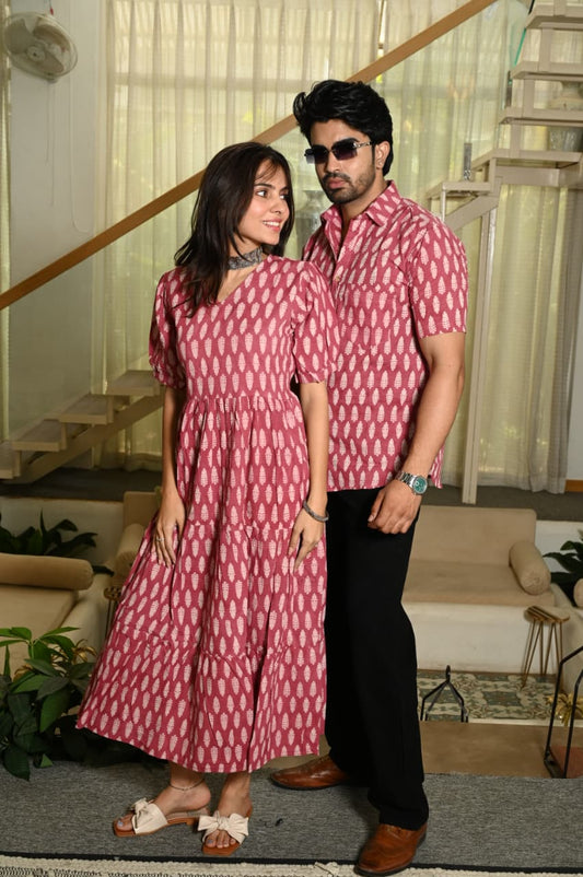 Couple Dress Set – Hand Block Printed Men’s Cotton Shirt & Women’s Midi Dress | House of the HandblocK