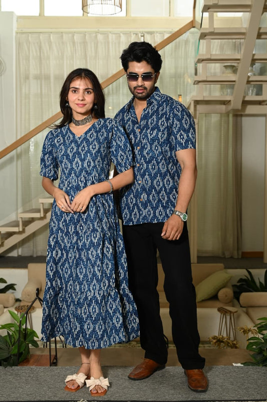 Couple Dress Set – Hand Block Printed Men’s Cotton Shirt & Women’s Midi Dress | House of the Handblock