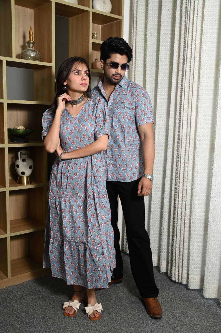 Couple Dress Set – Hand Block Printed Men’s Cotton Shirt & Women’s Midi Dress | House of the HandblocK