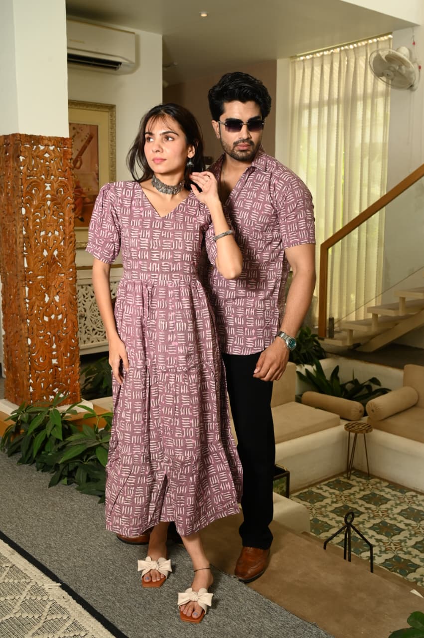 Couple Dress Set – Hand Block Printed Men’s Cotton Shirt & Women’s Midi Dress | House of the HandblocK