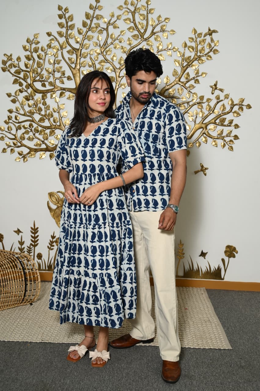 Couple Dress Set – Hand Block Printed Men’s Cotton Shirt & Women’s Midi Dress | House of the HandblocK