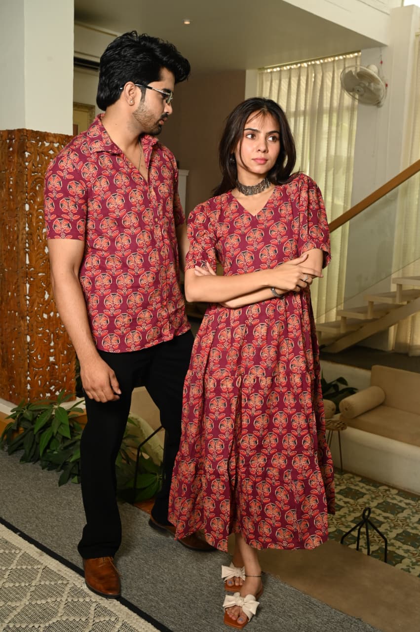 Couple Dress Set – Hand Block Printed Men’s Cotton Shirt & Women’s Midi Dress | House of the HandblocK