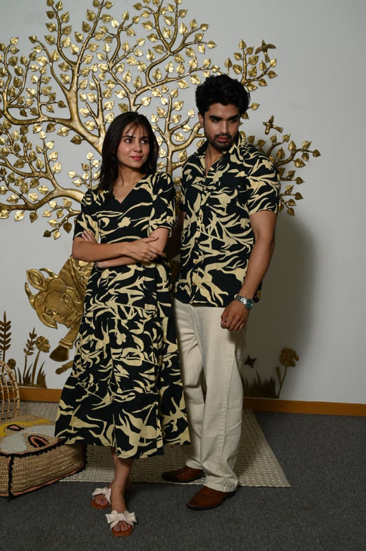 Couple Dress Set – Hand Block Printed Men’s Cotton Shirt & Women’s Midi Dress | House of the HandblocK