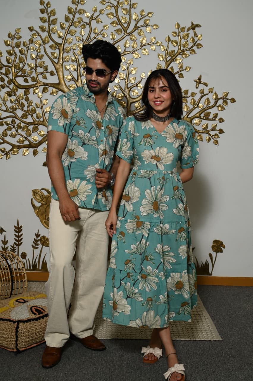 Couple Dress Set – Hand Block Printed Men’s Cotton Shirt & Women’s Midi Dress | House of the HandblocK