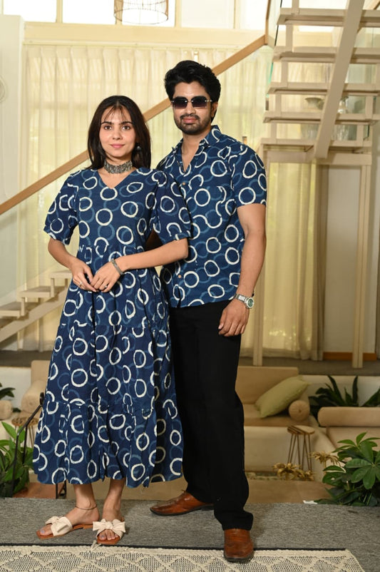 Couple Dress Set – Hand Block Printed Men’s Cotton Shirt & Women’s Midi Dress | House of the Handblock