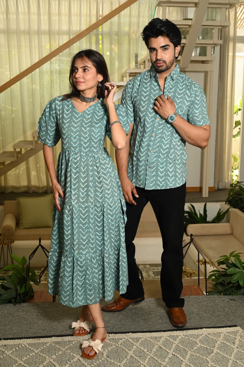 Couple Dress Set – Hand Block Printed Men’s Cotton Shirt & Women’s Midi Dress | House of the Handblock